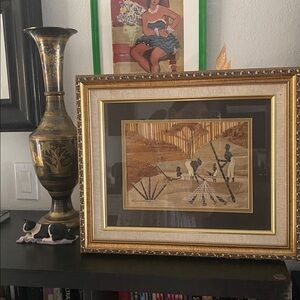 Vintage Framed Banana Leaf Art – African Village Scene – Handmade in Zambia‎
